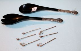 Gorham Sterling Silver Handle Salad Set and Six Cocktail Picks