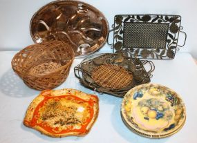 Four Metal Trays, Silverplate Tray, Two Tin English Bowls & Metal Tray