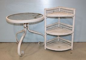 Small Wicker Corner Shelf and Metal Patio Table