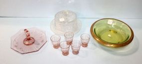 Green Depression Bowl, Clear Depression Butter Dish, Pink Sandwich Plate, and Five Pink Shot Glasses