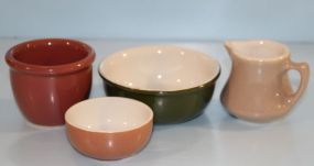 Hall Pottery Three small bowls and creamer; green bowl 4 1/2" dia.