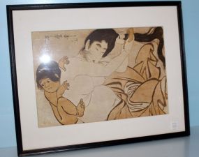 Oriental Print of Mother and Child 21" w., 17" h.