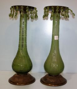 Pair Green Cut Glass Candlesticks 20" h., 6 1/4" dia.