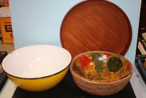 Group of Large Bowls Includes enamel, wood, painted, plastic, and woven