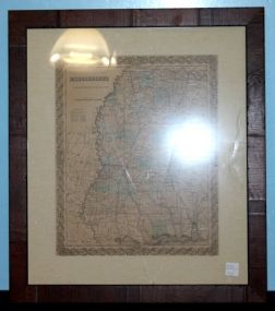 JH Colton and Company Framed Map of Mississippi 20" w., 23" h. ; cracked glass
