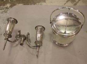 Part of Silverplate Epergne Made Into Well Sconces, Wilcox Silverplate Ice Bucket with Porcelain Liner Sconce 14"w.