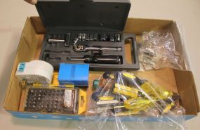 Box Lot of Screwdrivers, Bit Set, Ratchet Set, Hooks, and Timer