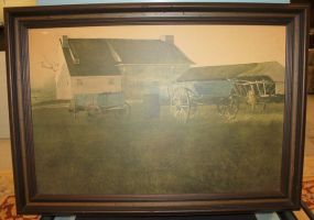 Print of Farm House and Wagons 41"w., 29"h.