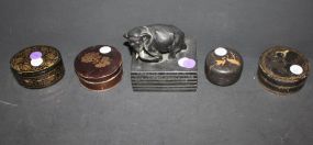 Tin Elephant on Stack of Books, Various Painted Boxes boxes 2"dia.