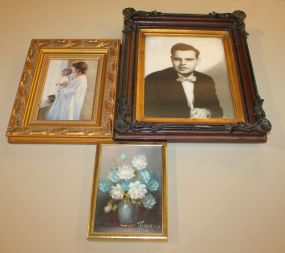 Painting of Flowers 5"w, 7"h. Painting of mother and child 8"x10", Old Frame 12"x14"