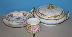 Group of Handpainted Porcelain Includes 10" tureen, 9" plate, 8" tray, 3" dia. Cup.