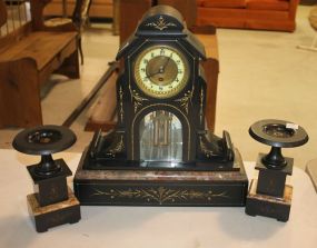 Late 19th Century Victorian 3 Piece Mantel Clock Set. Late 19th Century Victorian 3 Piece Mantel Clock Set. Slate with gold in sizing clock set with clock 17"h., 15"w., and matching pair of candle stands 8'h.