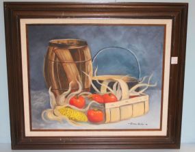 Oil on Board of Basket of Vegetables, artist signed Estella Walker Oil on Board of Basket of Vegetables, artist signed Estella Walker, from Fairhope, AL, dated 1976; 26" w., 22" h.