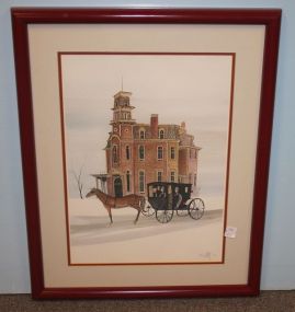 Limited Edition Print of Victorian House Horse and Carriage with Three Passengers, Signed 541/1000 Limited Edition Print of a Victorian House and a Horse and Carriage with Three Passengers, Signed 541/1000; 22" w., 28" h.
