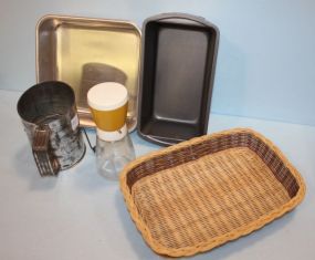 Group of Kitchen Items including; two bread bundt pans, sifter, chopper, bread basket