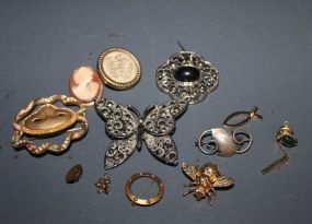 Eleven Various Broaches and Shirt Pins Description: Eleven Various Broaches and Shirt Pins, group includes; turtle pin with green stone center and chain, circle pin, bee pin, angel pink, Christian fish pin (Ichthus), portrait pin, leaf design la