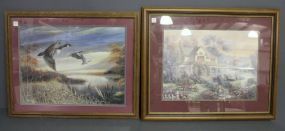 Three Framed Prints Description: Three Framed Prints; cottage beside the creek 31" w., 25 1/2" h.; Victorian house and barn 31" w., 25 1/2" h.; flying ducks - "Mannin" 34" w., 29" h.