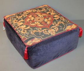 Navy Blue Velvet Pillow With Stitched Fabric Foliage Top Description: Navy Blue Velvet Pillow With Stitched Fabric Foliage Top, tassels on each corner (footstool) 18" square, 8" h.