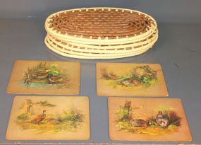 Set of Six Two Color Straw Oval Tablemats and Four Vintage Trivets Description: Set of six two color straw oval tablemats 18", and four vintage trivets with paper scenes of birds 9 3/8" w., 7 3/8" h.