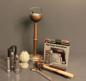 Black and Decker high Torque Screwdriver and Group of Miscellaneous Items Description: Black and Decker High Torque Screwdriver, Five Flashlights, Four Hammers, Wrench, pineapple Shape Water Sprinkler and a Vintage Stand Ashtray,