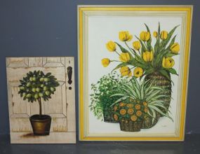 Floral Print in Yellow Frame and Painted Wood Block Description: floral Print in Yellow Frame (38" h.) and Painted Wood Block of tree in pot (24" h.)