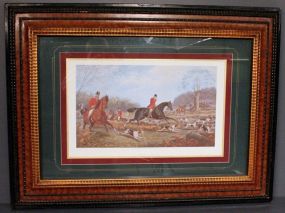 Framed Fox Hunting Print "Gone Away" Description: Framed Fox Hunting Print "Gone Away"; triple matte and faux bird's eye maple frame. 45 1/2" w., 34 1/2" h.