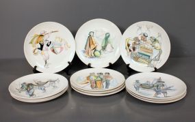 Set of Twelve Hand Painted Dishes marked Secla Portugal Description: Set of Twelve Hand Painted Dishes marked Secla Portugal, 10" dia. Scenes depicting fishing, men, women and children