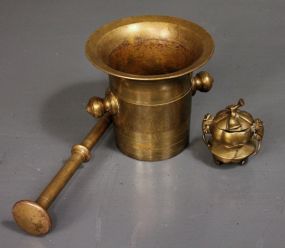 Brass Mortar and Pestle and Decorative Brass Jar with Lid Description: Brass Mortar and Pestle (5" h.) and Decorative Brass Jar with Lid