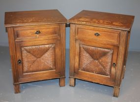 Pair of Wooden Side Tables Description: Pair of Wooden Side Tables, single drawer over single door, maker Meldan. 26 1/2" h., 16" d., 20" w.