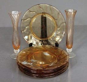 Group of Amber Colored Depression Glass Salad Plates and Two Bud Vases Description: Group of Amber Colored Depression Glass Salad Plates and Two Bud Vases