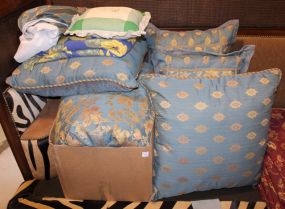 Queen Size Comforter Set Description: Queen Size comforter set, blue and gold fabric. Set includes comforter, skirt two Euro pillows and two pillows with shams, great condition.
