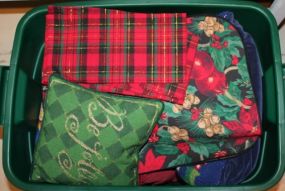 Miscellaneous Christmas Decorations Description: Miscellaneous Christmas Decorations; pillows, placemats, tablecloths