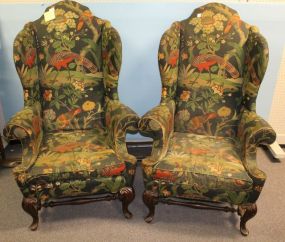 Pair High Style Wing Back Chairs 34" w., 26" d., 54" h.