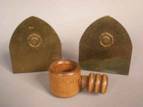 Arts and Crafts Hammered Brass Book Ends and Wood