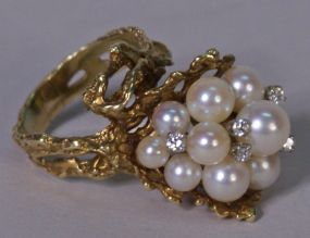 Ladies 14k Gold Ring, Diamonds & Pearls