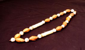 Carved Ivory & Sandalwood Necklace w/ Porcelain Be