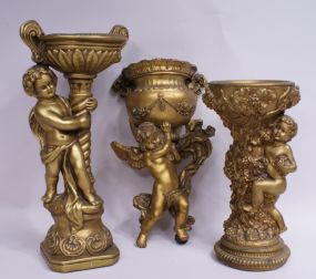 2 Gilt Cherub Floral Stands & a Cherubs Wall Sconc