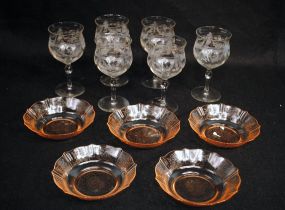 Set of Five Pink Depression Glass Fruit Dishes