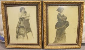 Pair of 19th Century Pencil Drawings of Ladies