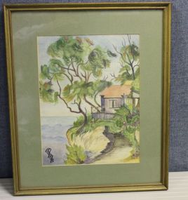 Watercolor of Island Trees and Cabin, signed OMB
