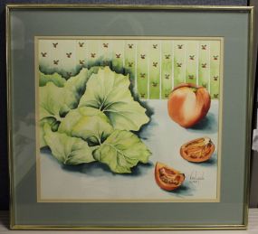 Watercolor of Lettuce and Tomatoes, signed Nan