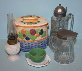 Cookie Jar, Miniature Milk Glass Oil Lamp and Two