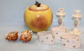 Apple Pottery Cookie Jar, Spoon Rest, Pair Ceramic Candlesticks & Small Alaska Ceramic Creamer/Sugar