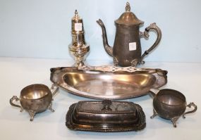 Silverplate Pot, Tray, Butter Dish & Sugar Shaker