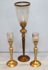 Brass Hurricane Lamp & Two Candlesticks