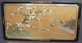 Oriental Peacock Print on Gold Silk with White Flo