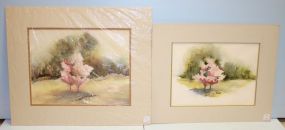 Pair of Paintings of Pink Bushes with Forrest in