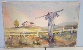 Watercolor of Scarecrow and Home in a Field,