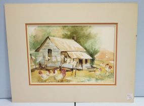 Signed Watercolor of Shack with Chickens