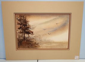 Fall Watercolor of Beach with Seagulls, signed